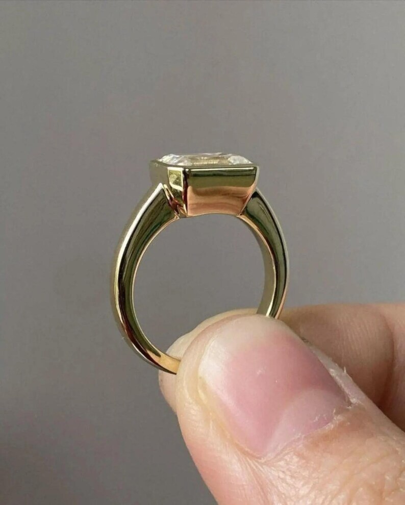 3 Ct Emerald lEast West Moissanite Bezel Engagement 14K Yellow Gold FN Ring