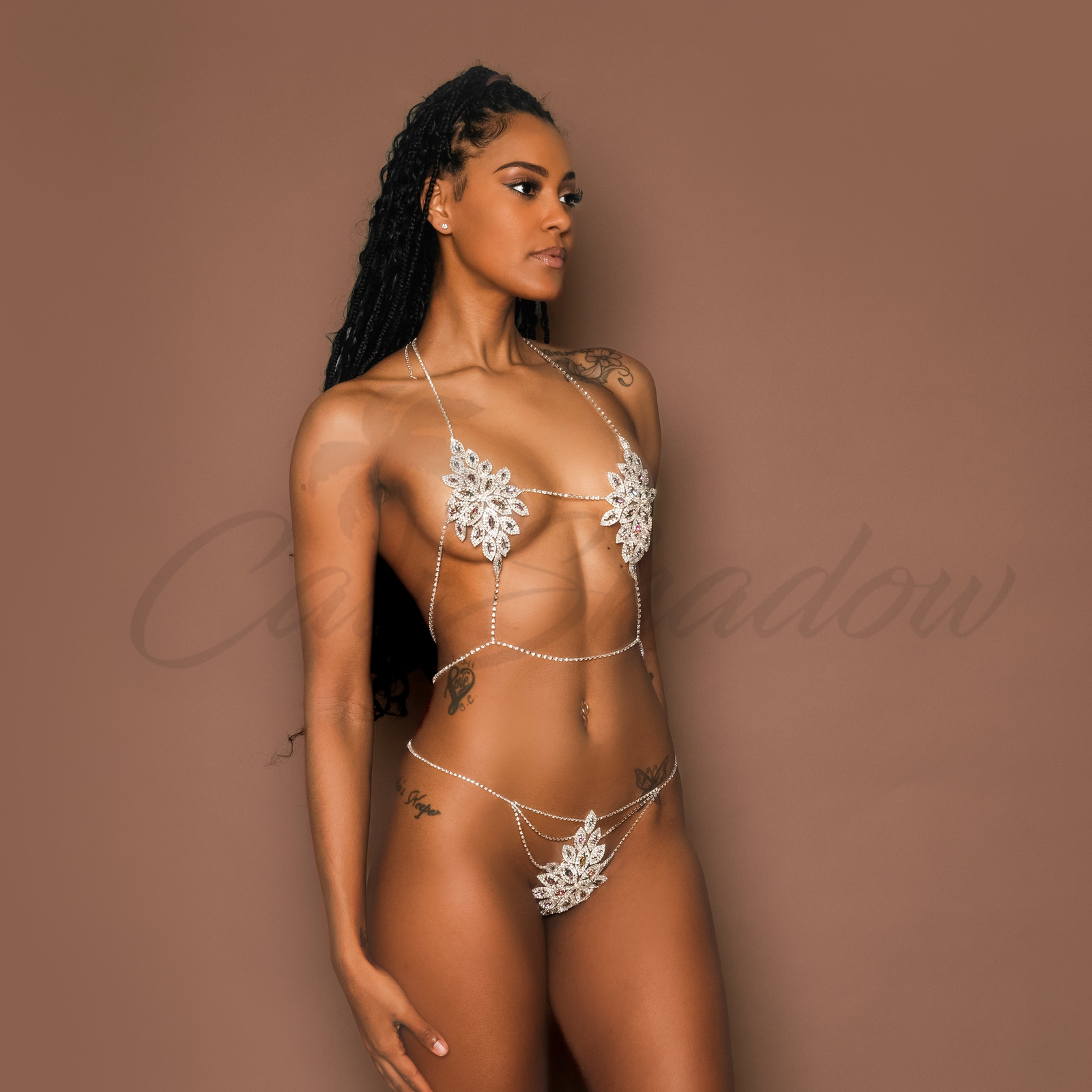 Rhinestone Crystal Harness Bra Pantie Thong Lingerie Set Shiny Bikini Sexy Body