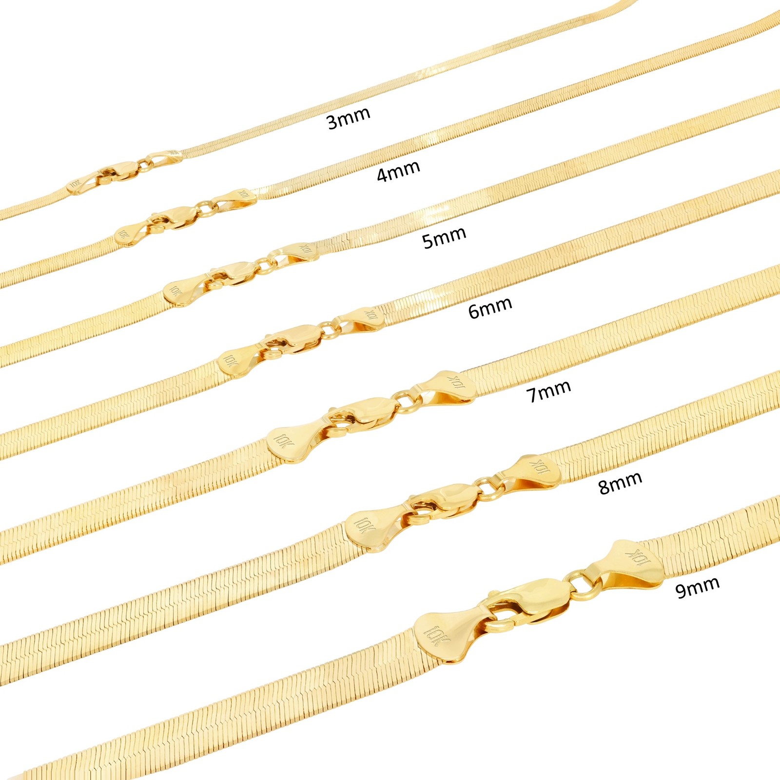 10K Yellow Gold Solid 3mm-9mm Flat Silky Herringbone Chain Necklace 16″- 24″