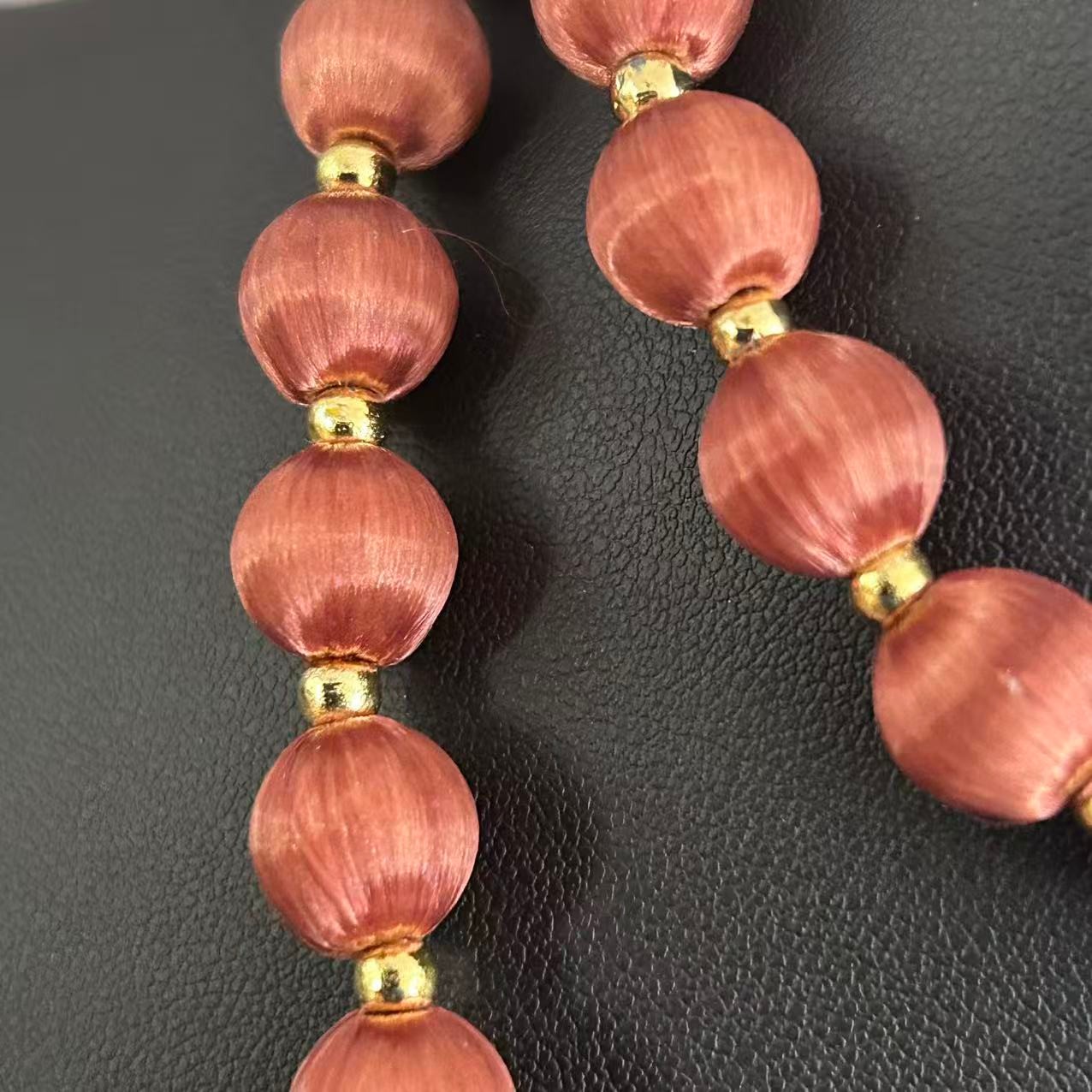 Vintage Burgundy Silk Satin Thread Wrapped Bead Single Strand Necklace 30″