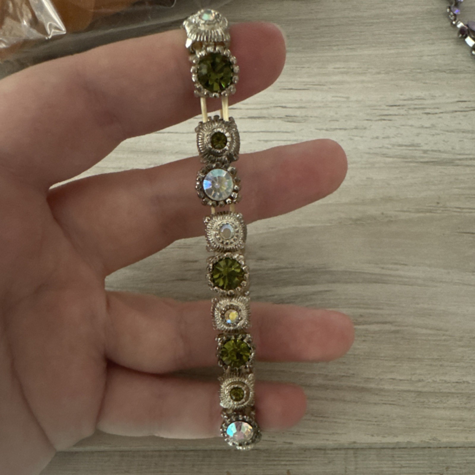 Silver Tone Stretch Tennis Bracelet Green & Clear Round Crystal Rhinestones