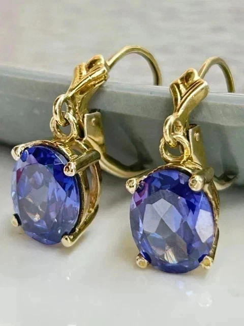 3Ct Oval Cut Drop/Dangle Lab Created Tanzanite Earrings 14K Yellow Gold Plated