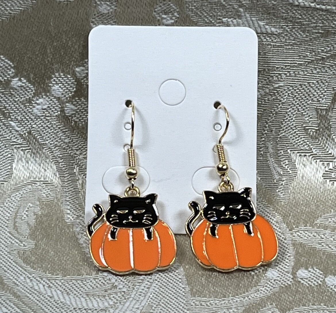 Black Cat Pumpkin Halloween Gold Dangle Fashion Bohemian Fun Earrings