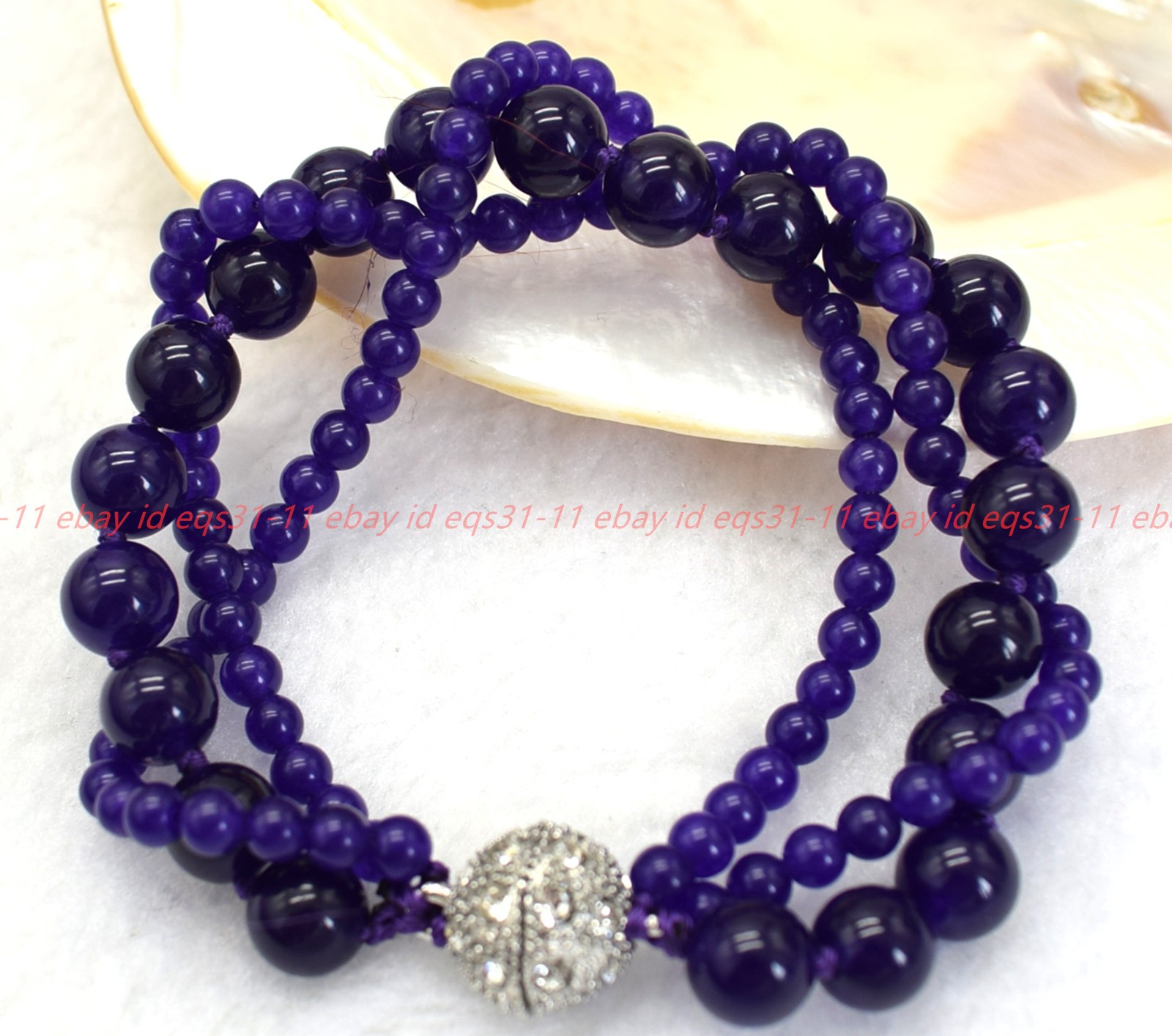 Pretty Natural 3 Rows 4+8mm Purple Jade Gemstone Round Beads Bracelet 7-9in