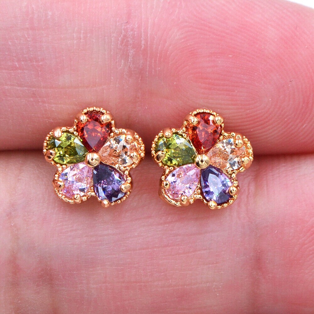 18K Yellow Gold Filled Women Multicolor Topaz Flower Stud Earrings Jewelry
