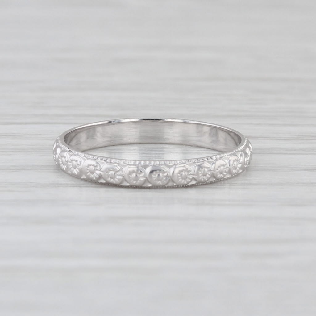Art Deco Die Struck Floral Pattern Ring 18k White Gold Sz 5.5-5.75 Wedding Band