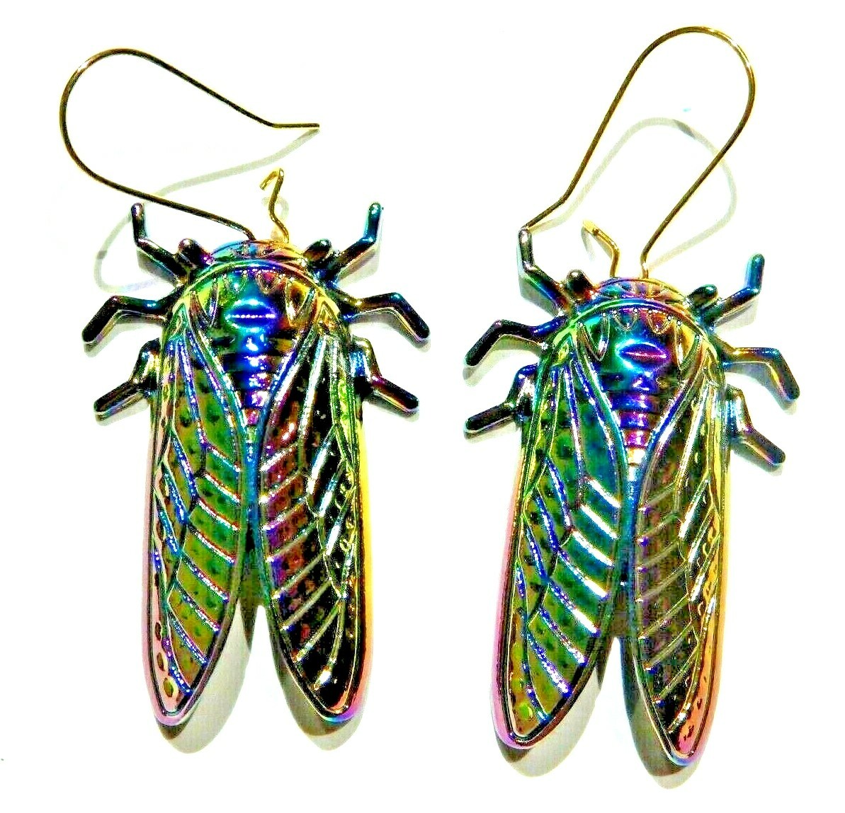 RAINBOW CICADA INSECT EARRINGS anodized metal wire hoop hangers bug pendants I4