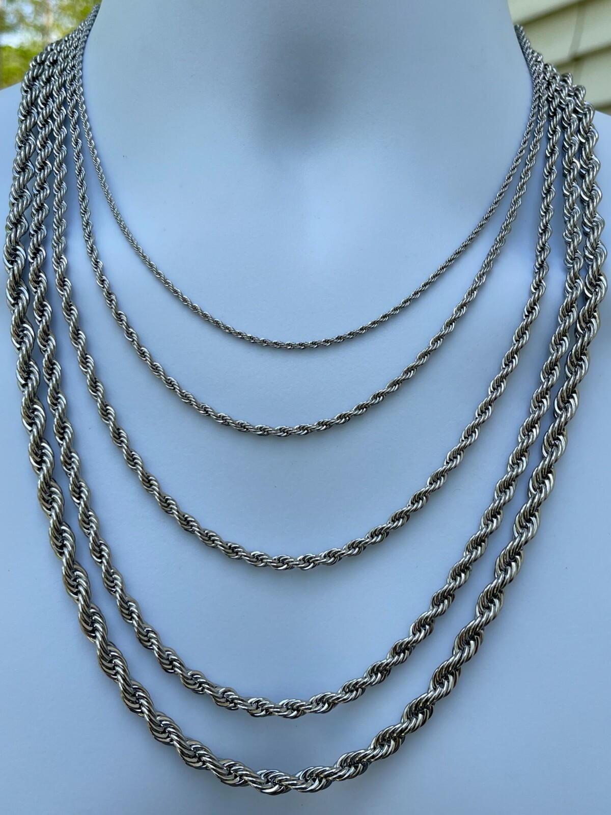 Men’s Real Solid Rope Chain Necklace Stainless Steel – Rhodium – 2mm-6mm 18-30″