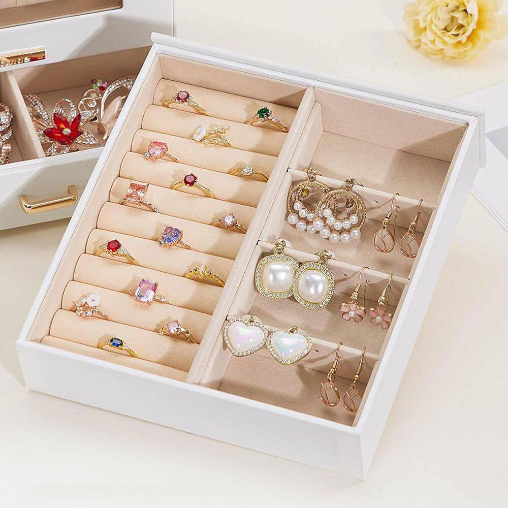White 7 In. X 9 In. Polyurethane Modern Jewelry Box with 3-Drawers