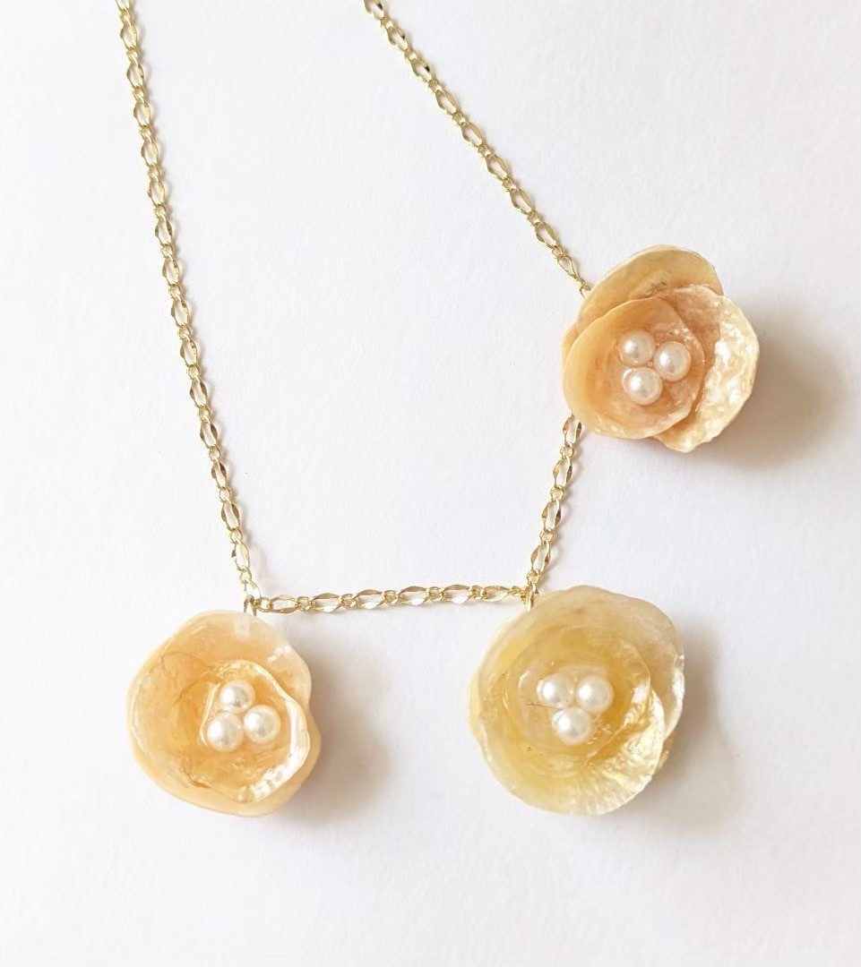 Handmade Triple Shell Flower Necklace Faux Pearl Gold Tone Boho Yellow Orange