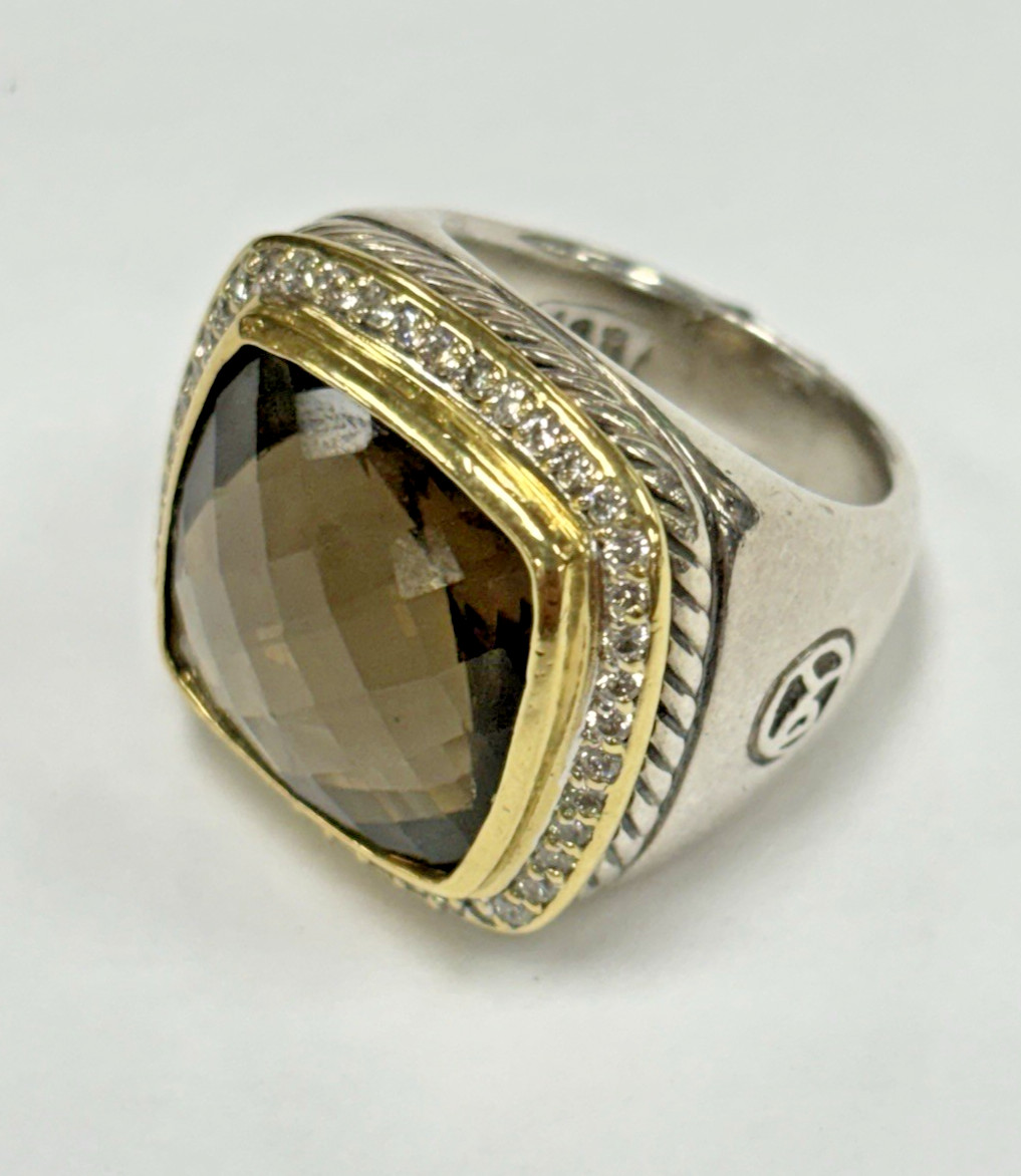 David Yurman Sterling & 18k Smoky Quartz Diamond Albion Ring Size 5