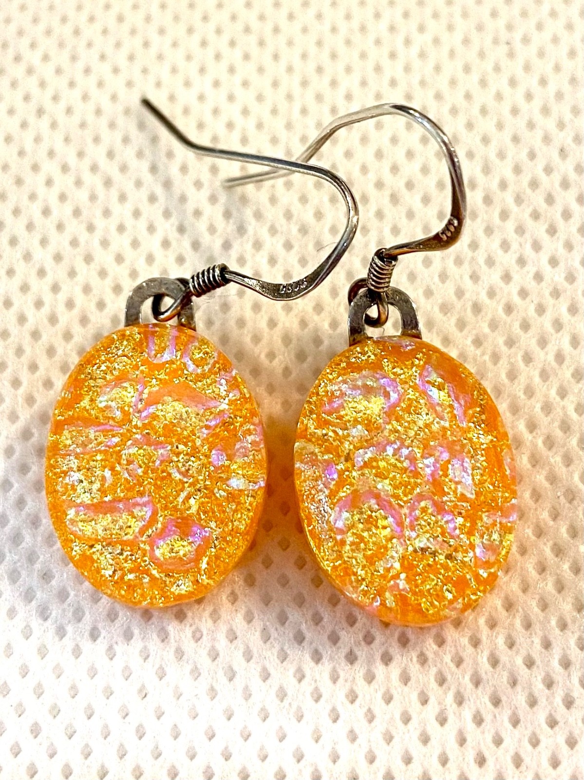 Orange Fused Dichroic Art Glass Dangle Earrings – Sterling Silver Ear Wires