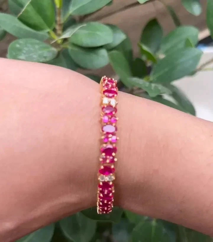 11.00Ct Oval Cut Natural Red Ruby & Diamond Tennis Bracelet 14K Yellow Gold 7″