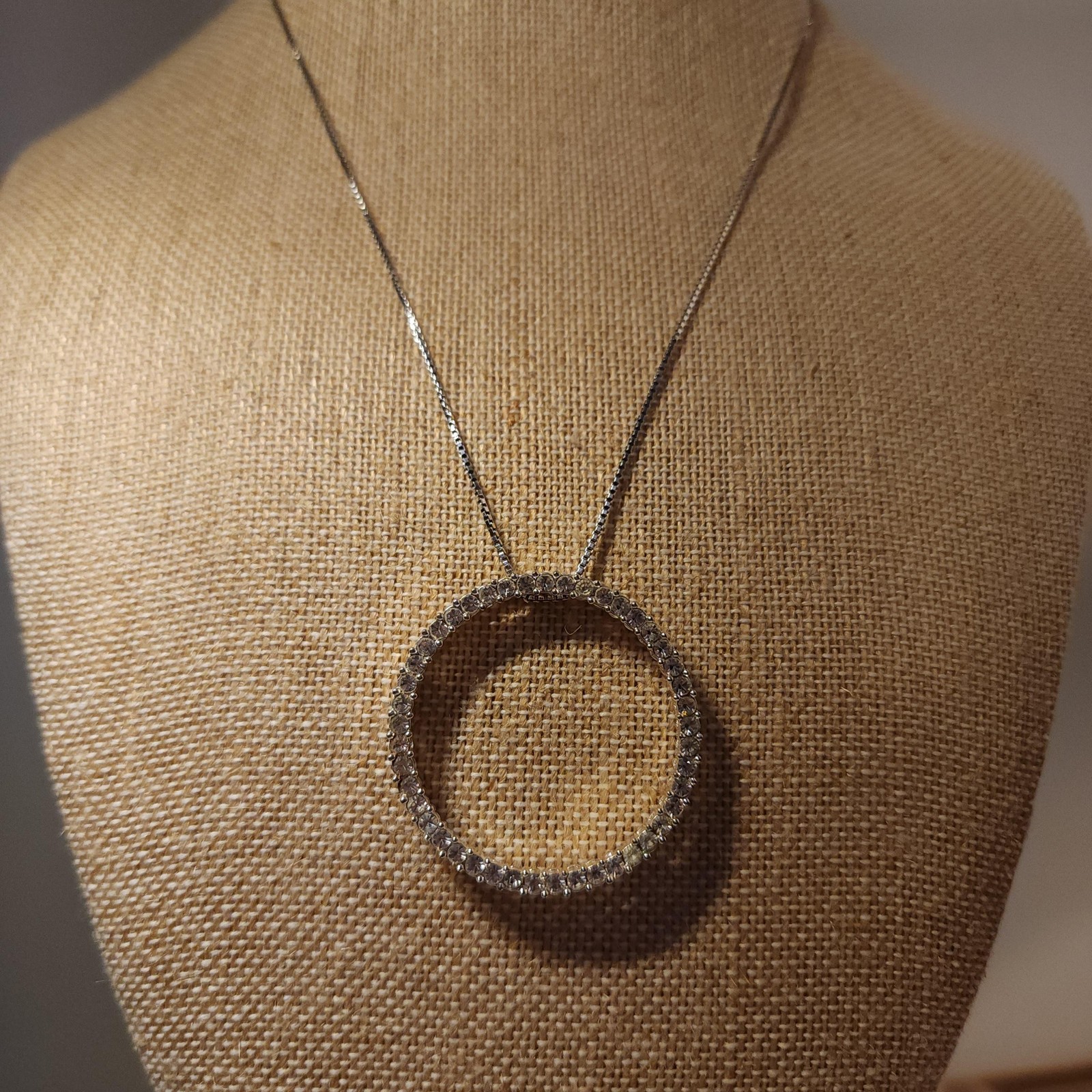 Large Circle Crystal Pendant Necklace 17in Sterling Silver Box Chain Halo