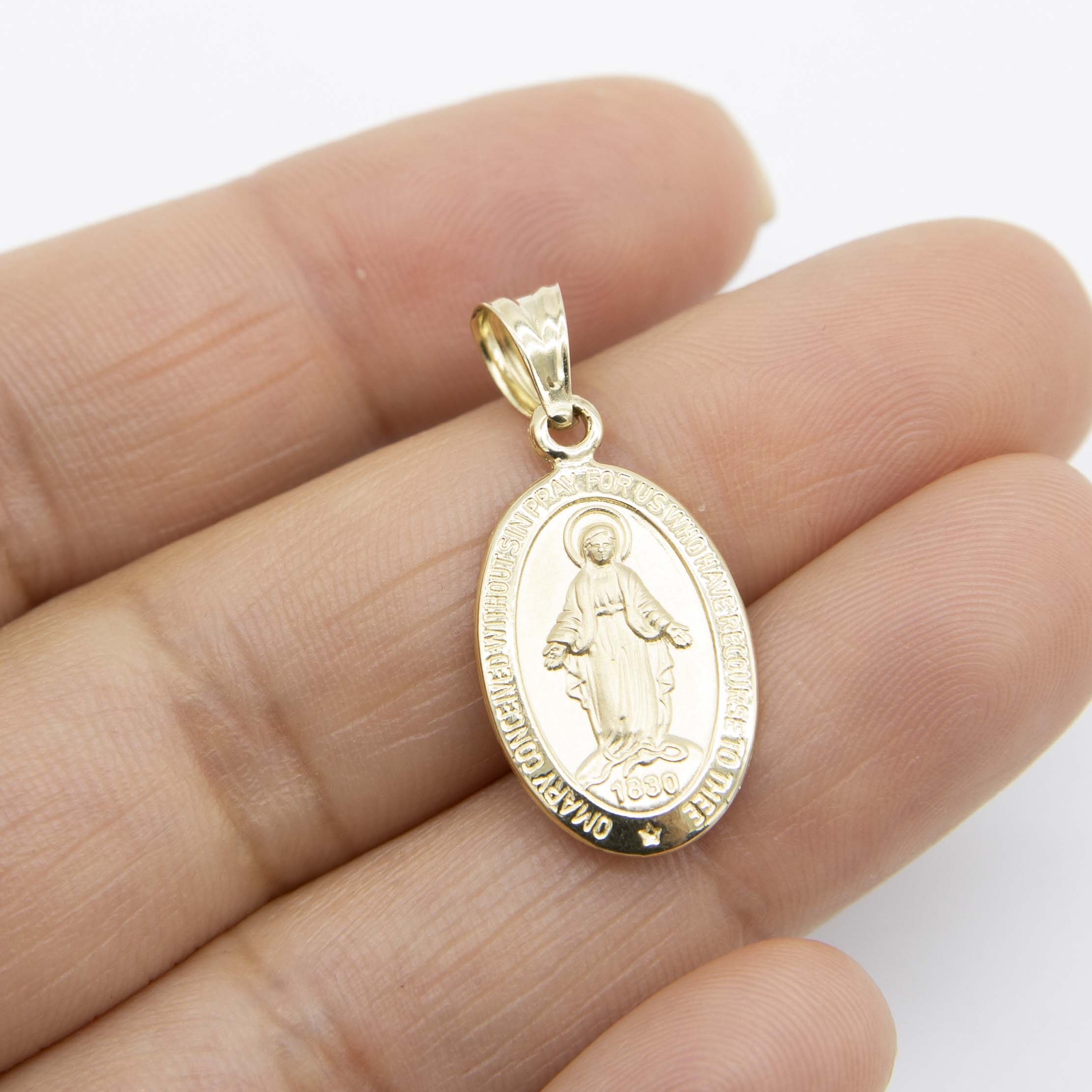 1 1/4″ Oval Textured Miraculous Mary Pendant Real 14K Yellow Gold