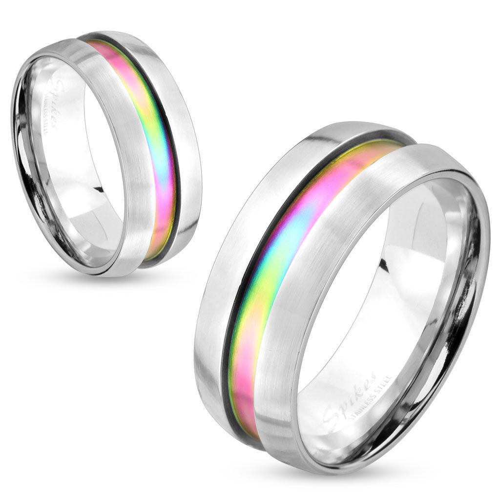 316L Stainless Steel Dome Rainbow Center Inlay Couple Ring Band Size 5-13(FL318)