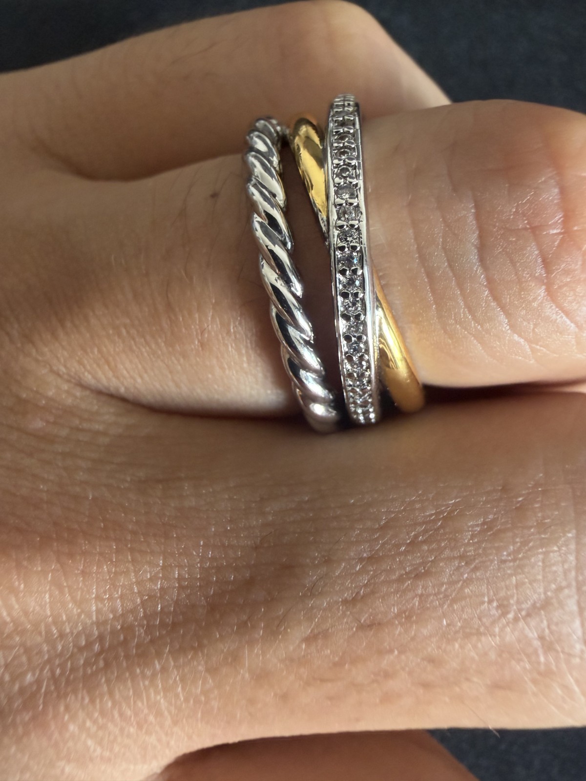 David Yurman 7mm Crossover Three Row Ring Silver with 18K Gold W/Diamonds Size 7