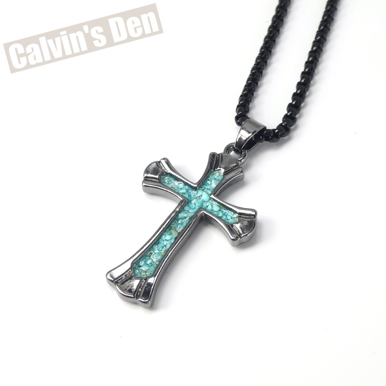 Turquoise Chip Inlay Flared Cross Pendant Necklace Classic