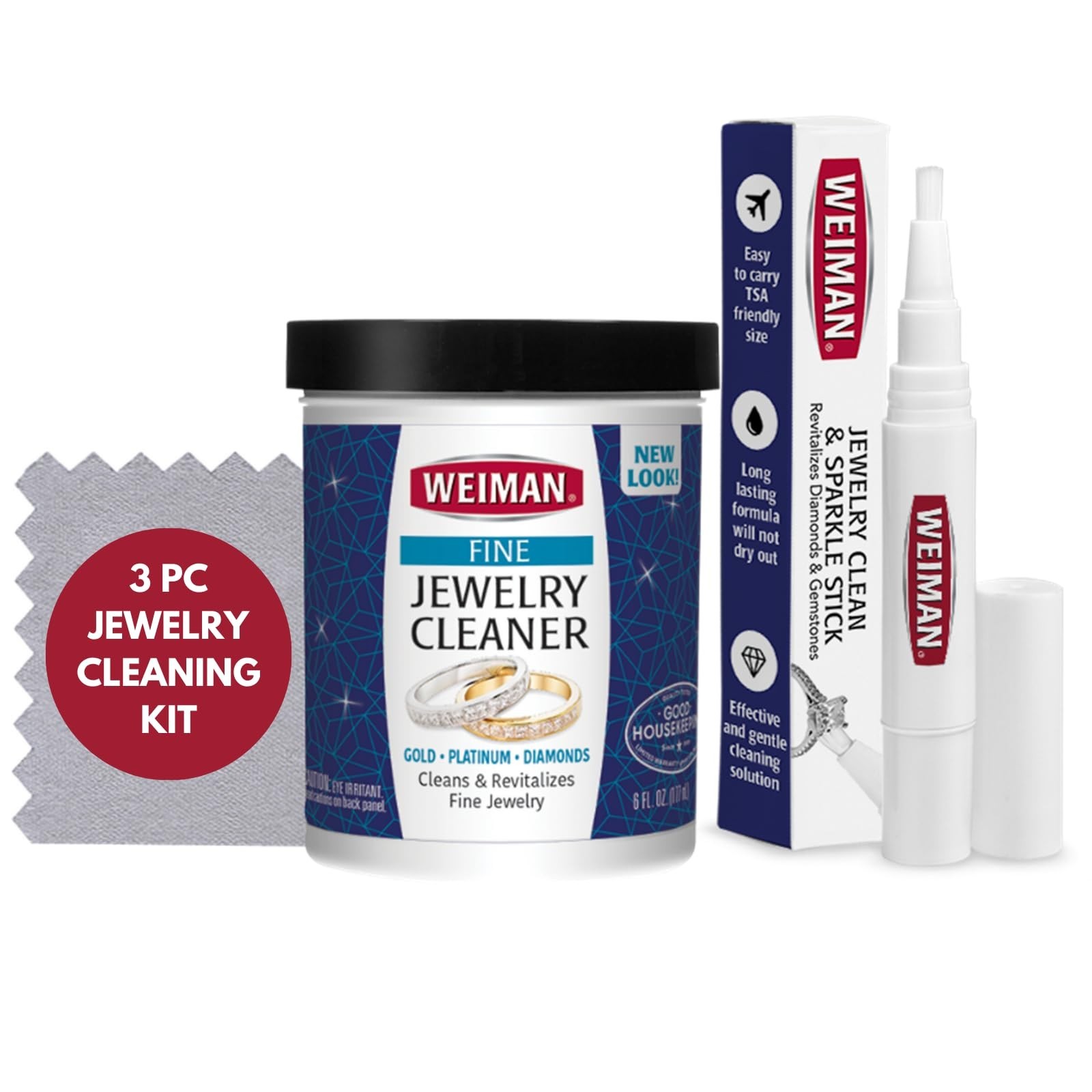 Jewelry Cleaner Kit 3PC Set – Liquid, Cleaning Stick & Polishing Cloth for Diamo