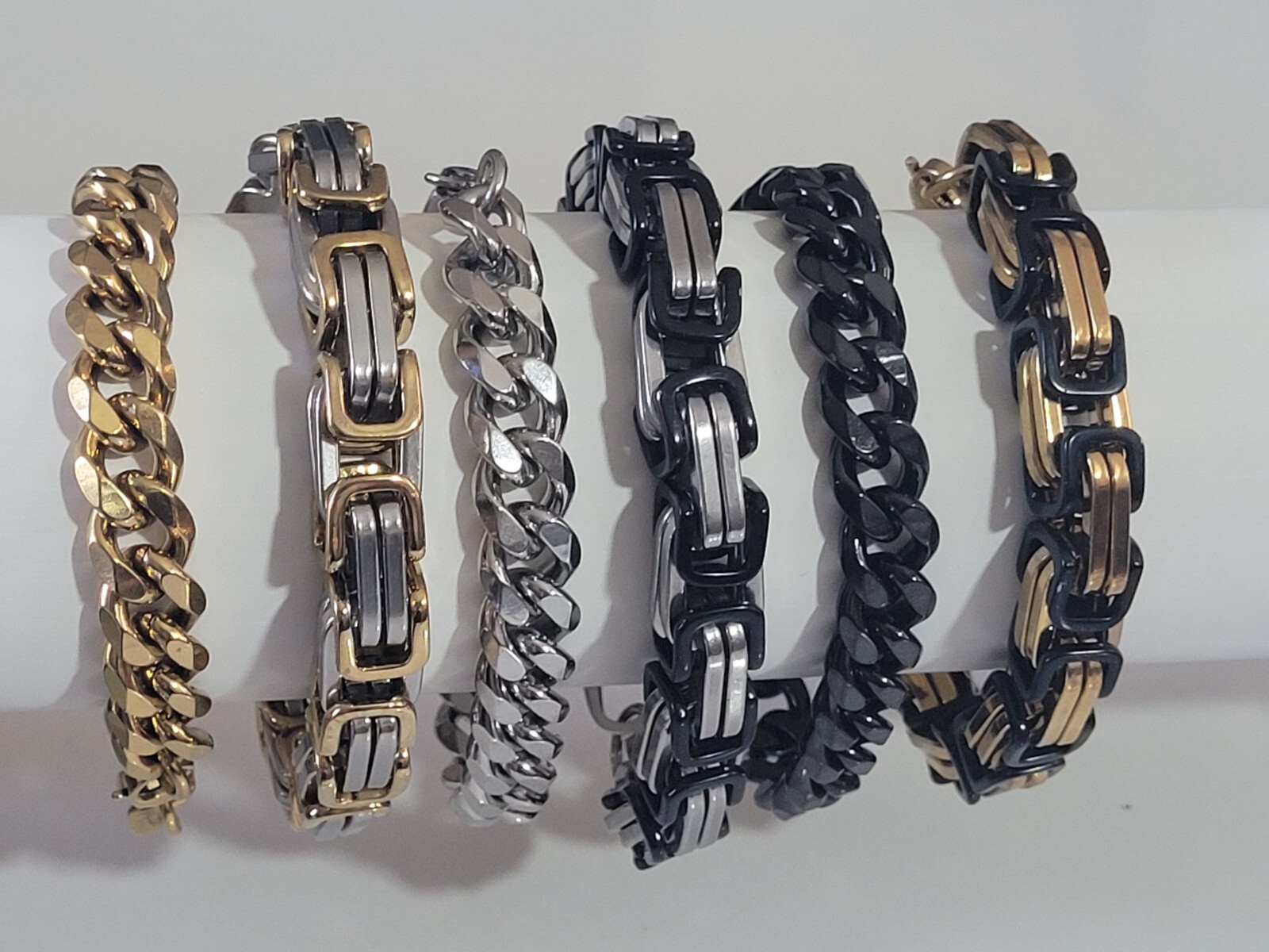 2 Pack Stainless Steel Byzantine Box & Cuban Link Curb Chain Bracelet Set
