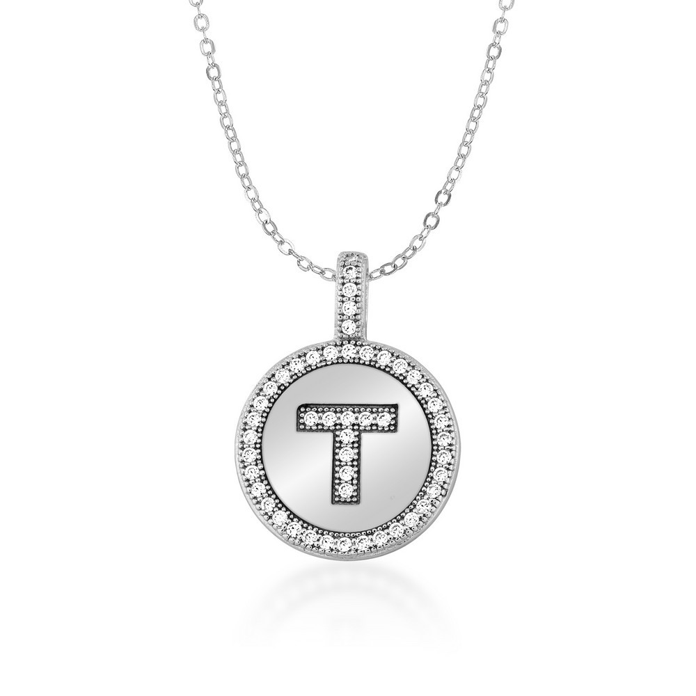 Sterling Silver Sparkling Micro Pave Circle “T” Pendant W/Chain Rhodium Plated
