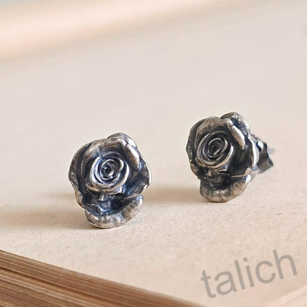 925 Sterling Silver Small Skull Rose Stud Earrings in Dark Finish Gothic Unique