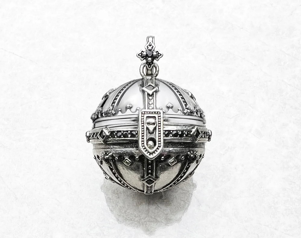 Ornate Medieval Orb Pendant 925 Silver Black Stone Pavé Crown Sphere Charm
