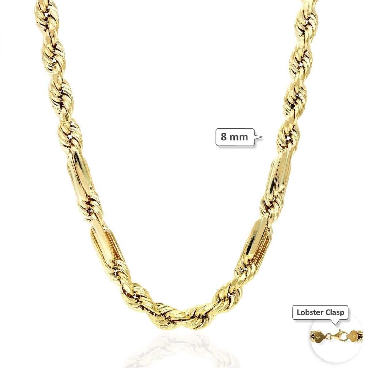 10K Solid Gold Diamond-Cut 4-8mm Milano Figaro Rope Chain (Hollow) 20-32″