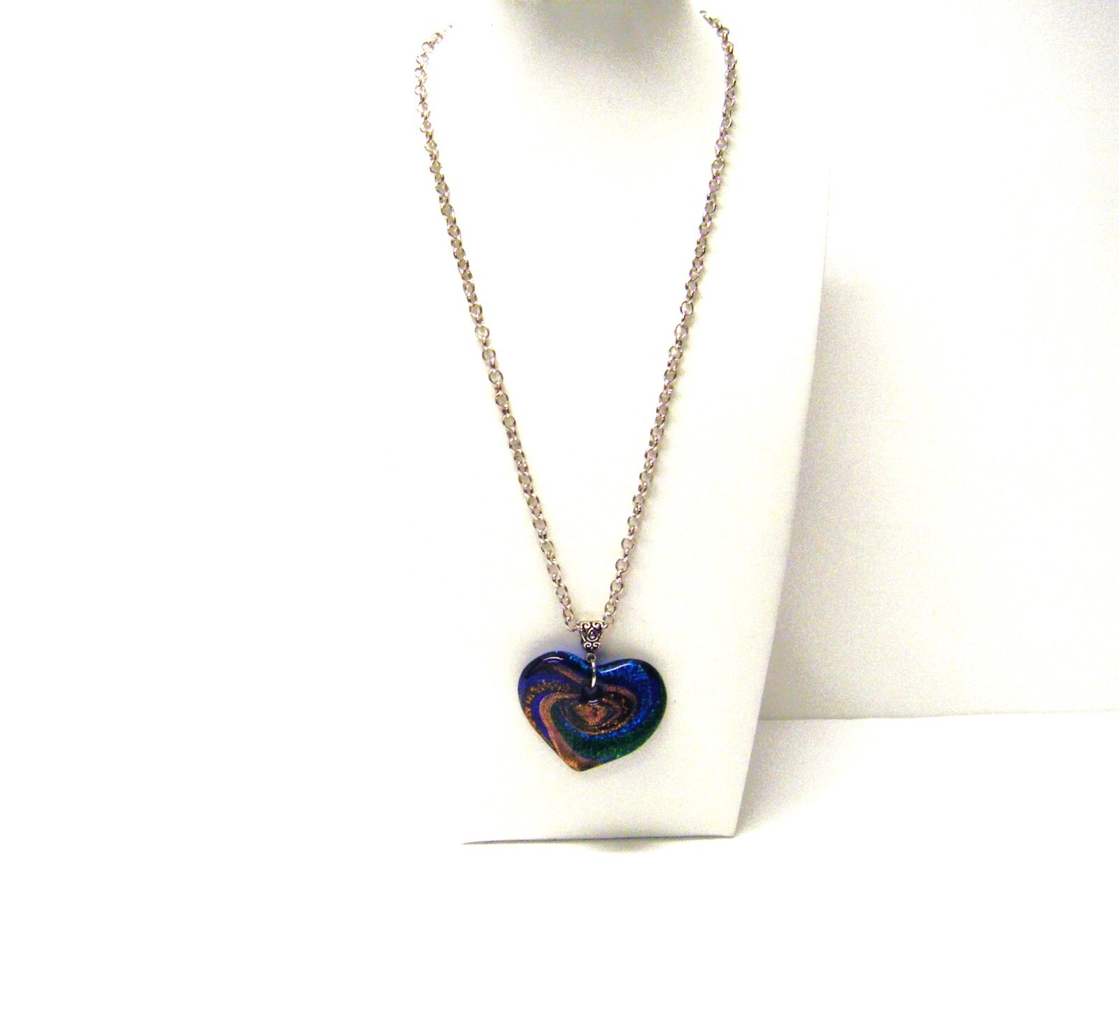 Blue/Green/Gold Dichroic Glass Heart Pendant Necklace