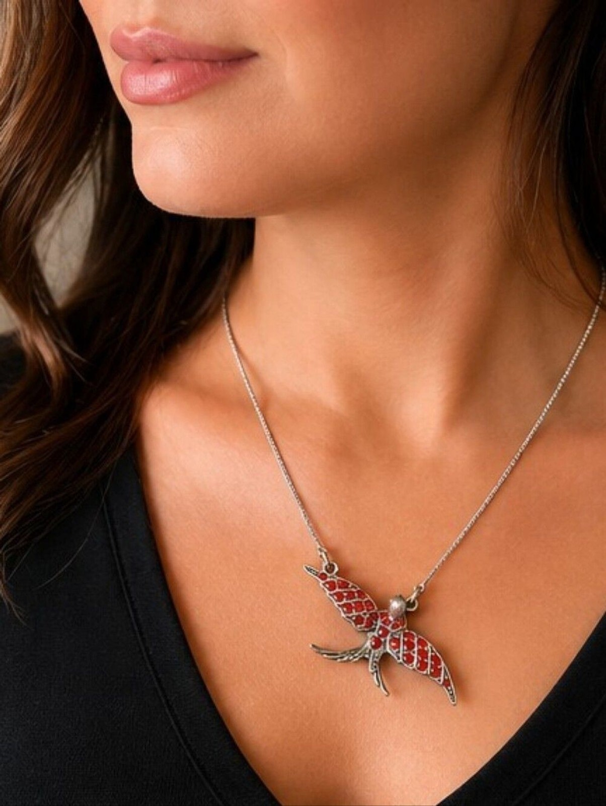 Pilgrim Danish Design Red Crystal Swallow Bird Necklace Signed NOS Retired Style