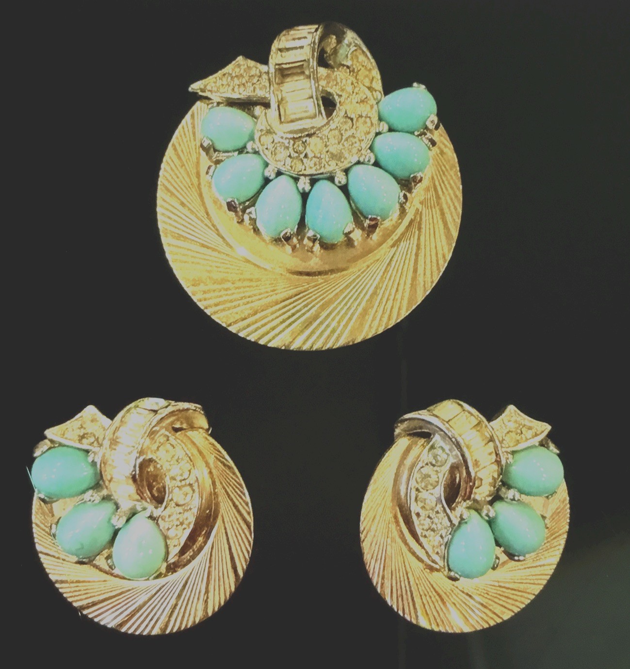 Boucher Marcel Cabochons Turquoise & Rhinestone Brooch & Clip On Earring Set