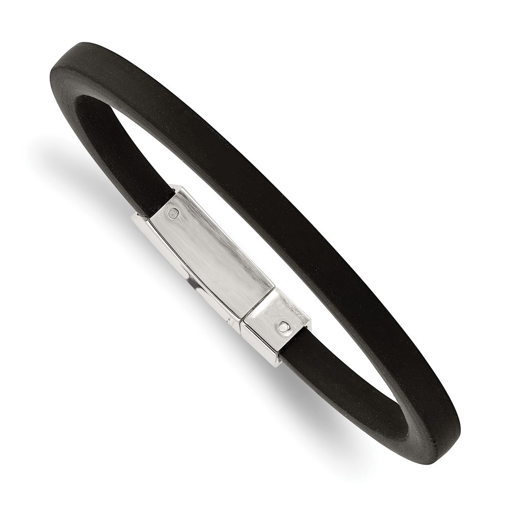 Stainless Steel Polished Black Rubber Bracelet 8.5″ 18.67gm