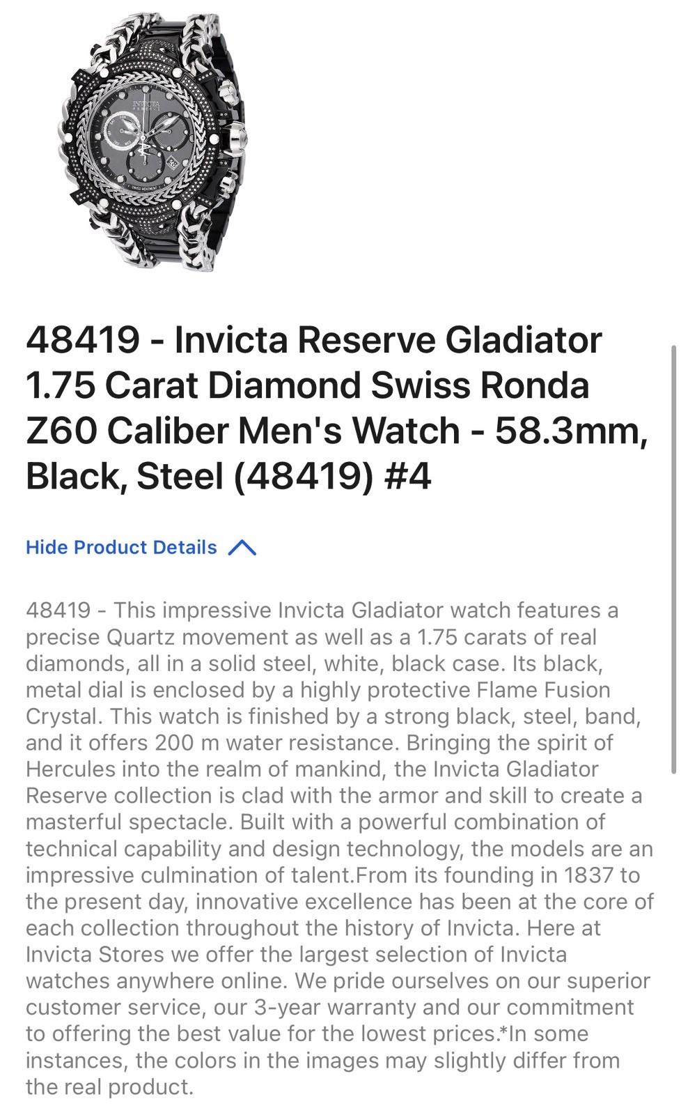 🔥💎Invicta Reserve Gladiator 1.75 Carat Diamond Swiss Ronda Z60 58.3mm 48419