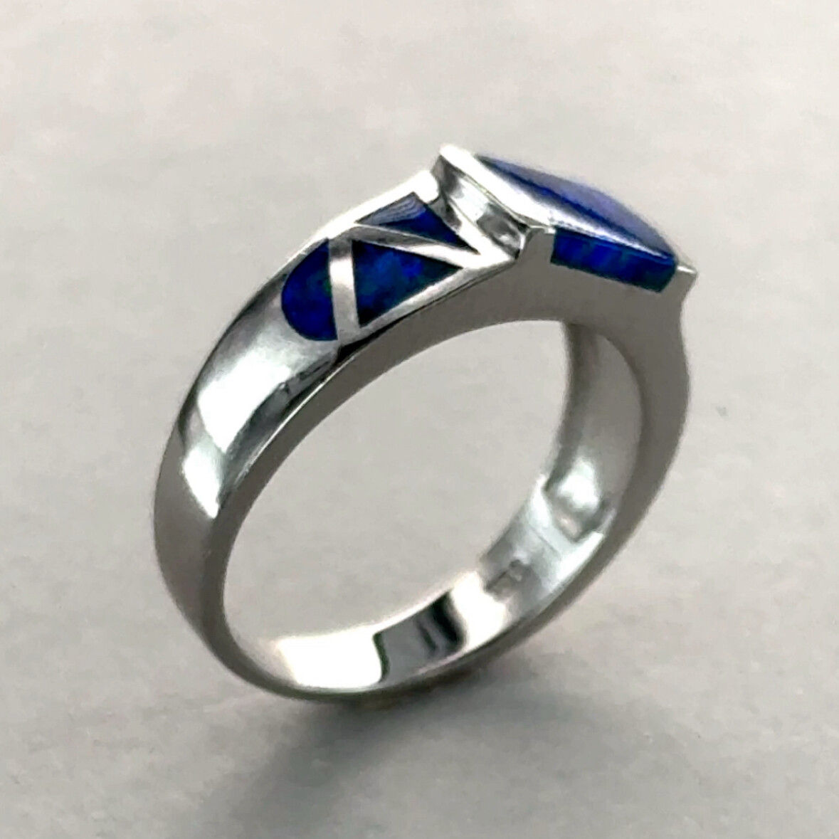 Blue Square Rectangle Fire OPAL Ring Rhodium finished 925 STERLING SILVER #1004