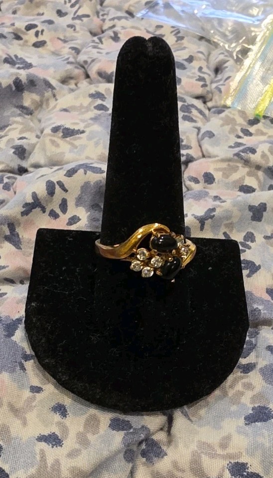 Vintage Signed Seta Gold Tone Black Glass Cabochon CZ Cubic Zirconia Ring SZ 10