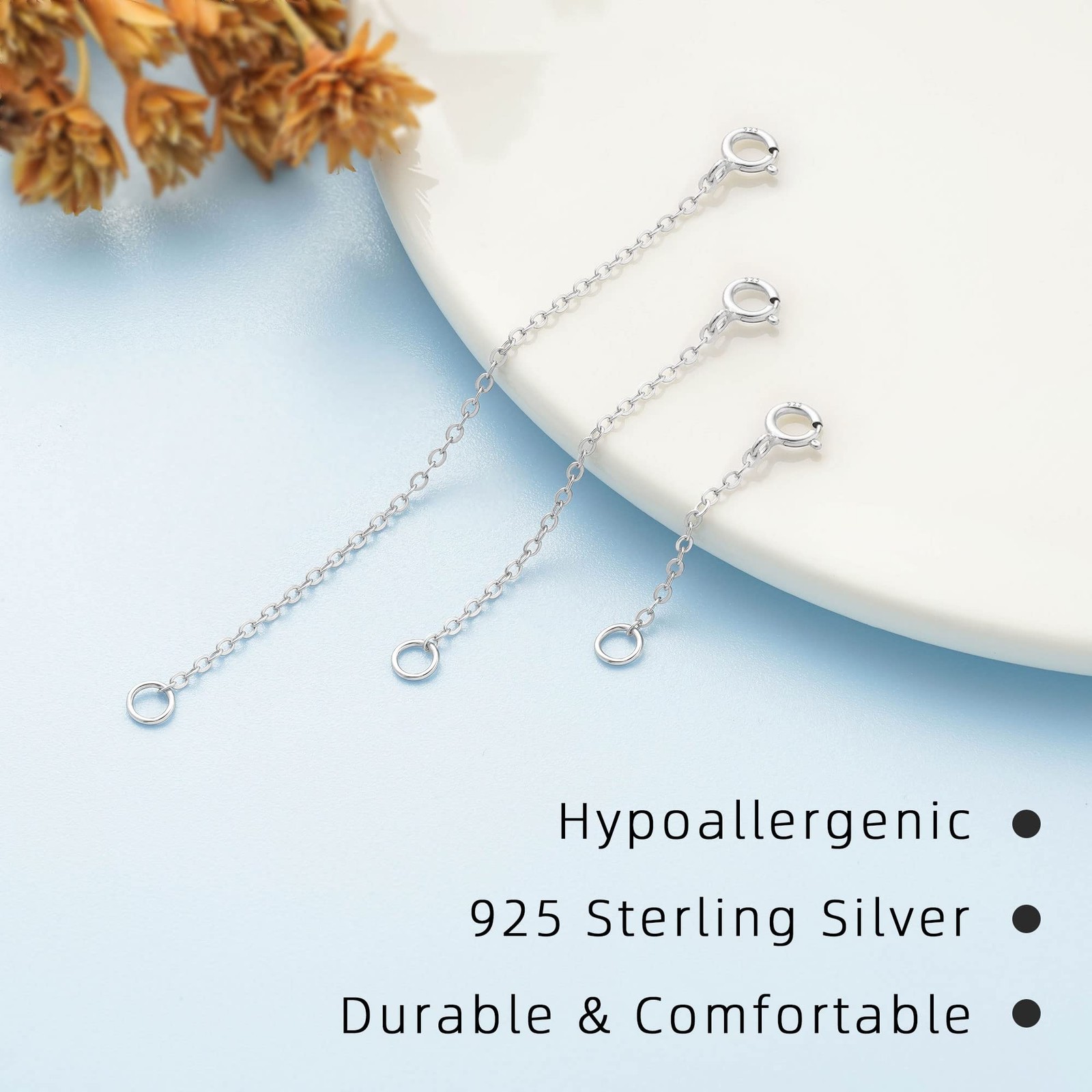 3 Pcs 925 Sterling Silver Necklace Extender Silver Chain Extenders for Neckla…