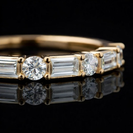 Round & Baguette Lab Grown Diamond Wedding Band, 925 Silver Matching Band
