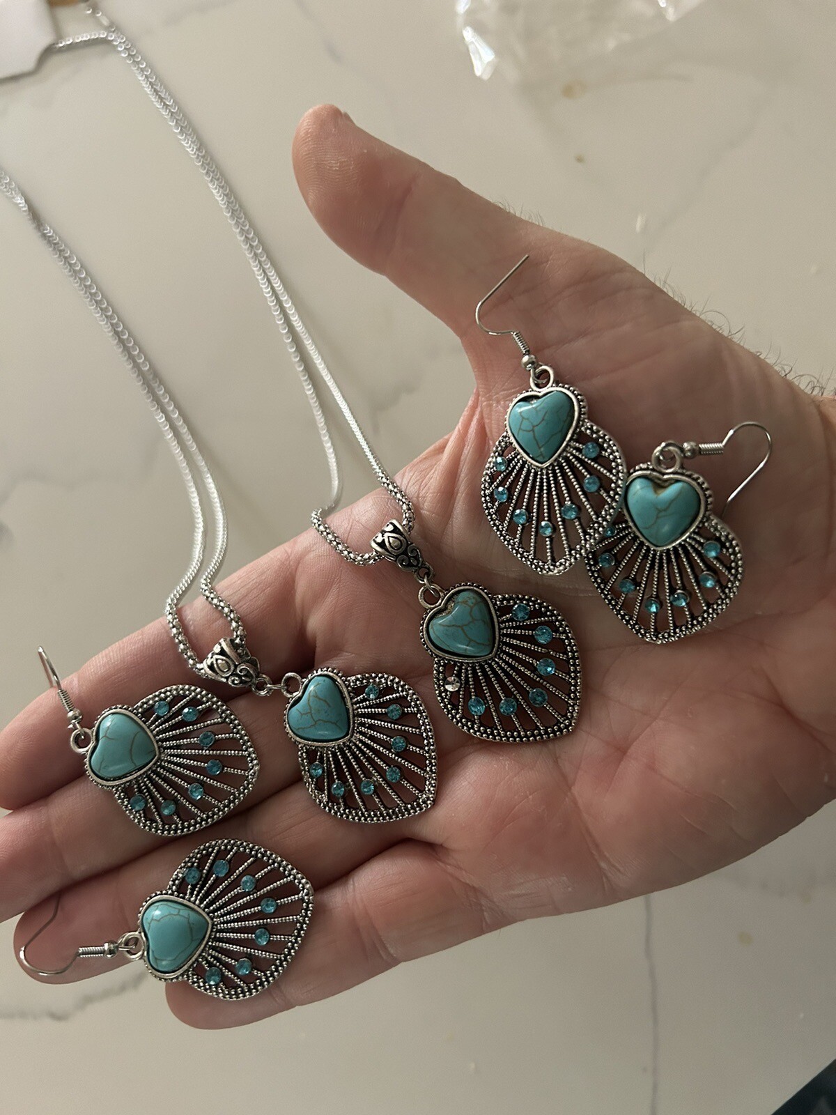 2 New Turquoise Heart Necklace-earring Sets (buyer Gets Both Sets-$6.50 Per Set)