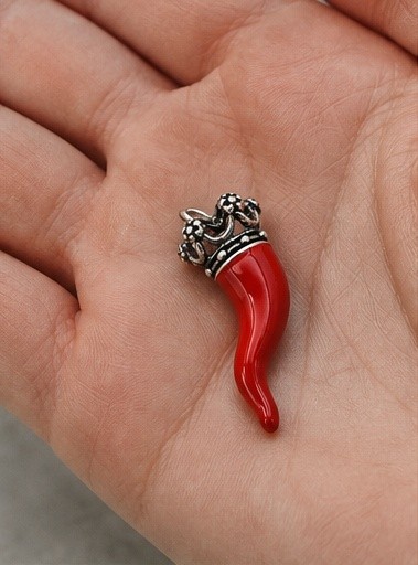 Red Cornicello Crown Pendant 800 Silver Neapolitan Lucky Horn Made in Italy