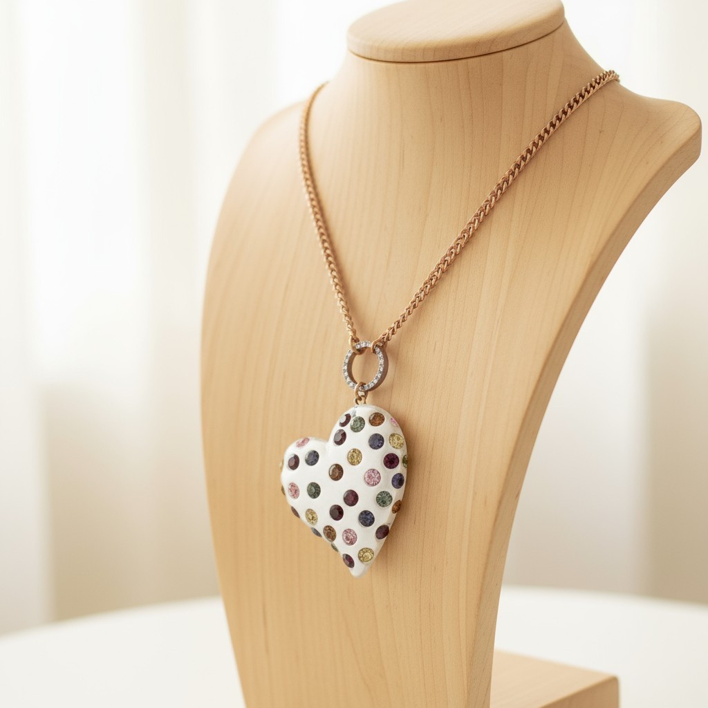 Betsey Johnson Multi-Colored Stone Lucite Heart Pendant Necklace Long Length