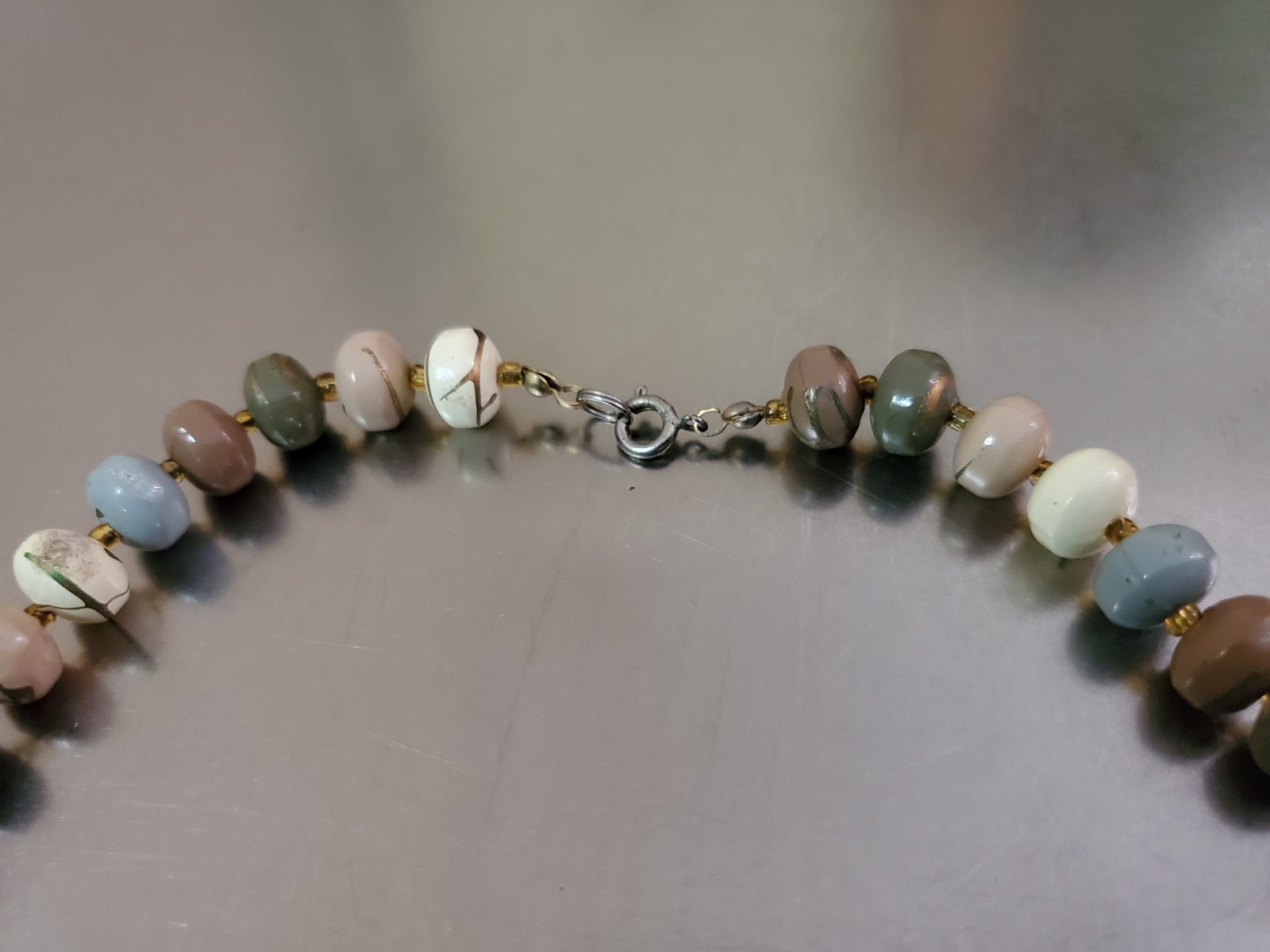 Vintage Multicolor Necklace Brown Blue Gold Beige White Green Beaded 22.5 inch