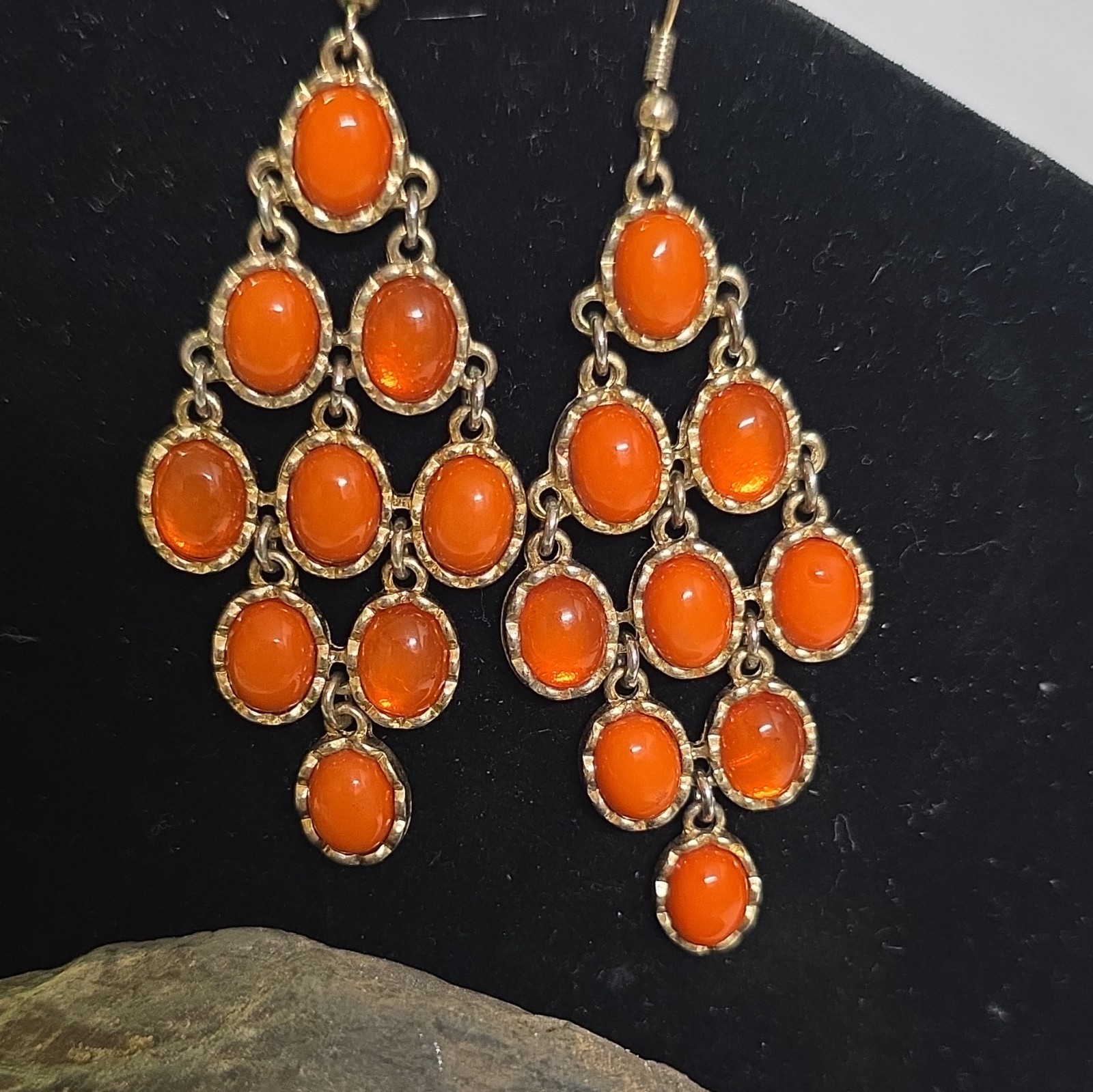 Orange Silver Tone Chandelier Dangle/Drop Hook Earrings, No Stone Metal Pair