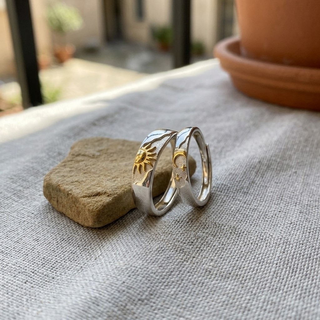 Adjustable Matching Wedding Bands Couple Promise Ring Set Sun Moon Star