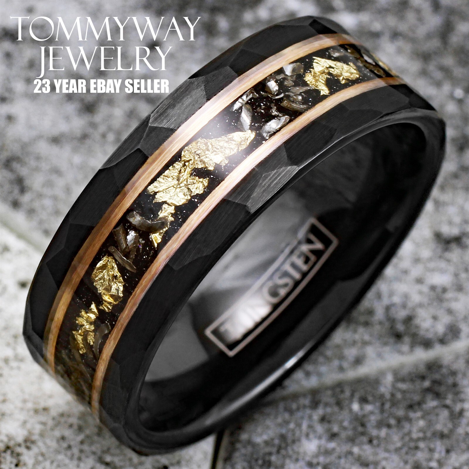 Tungsten Carbide Black Rose Gold Plated Stripe 24K Gold Foil & Meteorite Ring