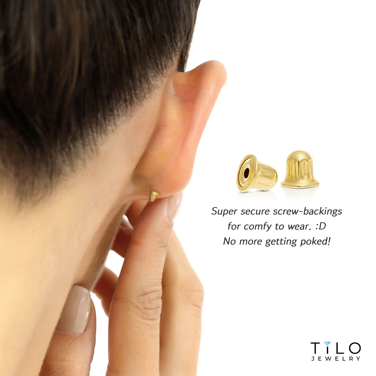 10K Real Solid Yellow Gold Crescent Moon CZ Sleeper Studs Earrings Screw-back