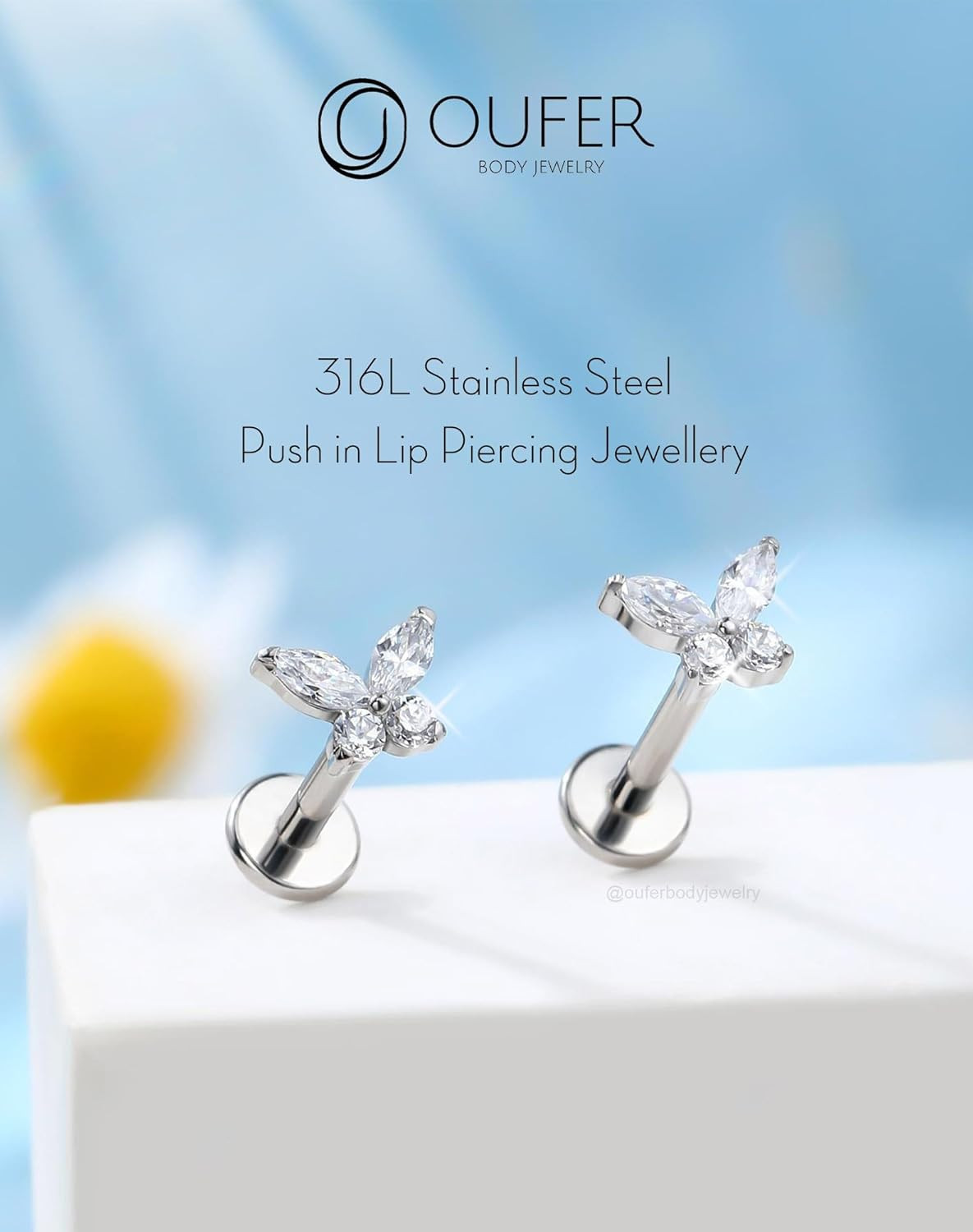 Threadless Butterfly Labret Stud, 316L Surgical Steel Flat Back Push in Piercing