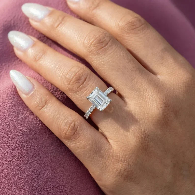 Best Offer For Engagement Ring ! Emerald Cut Lab Grown Diamond 14k White Gold