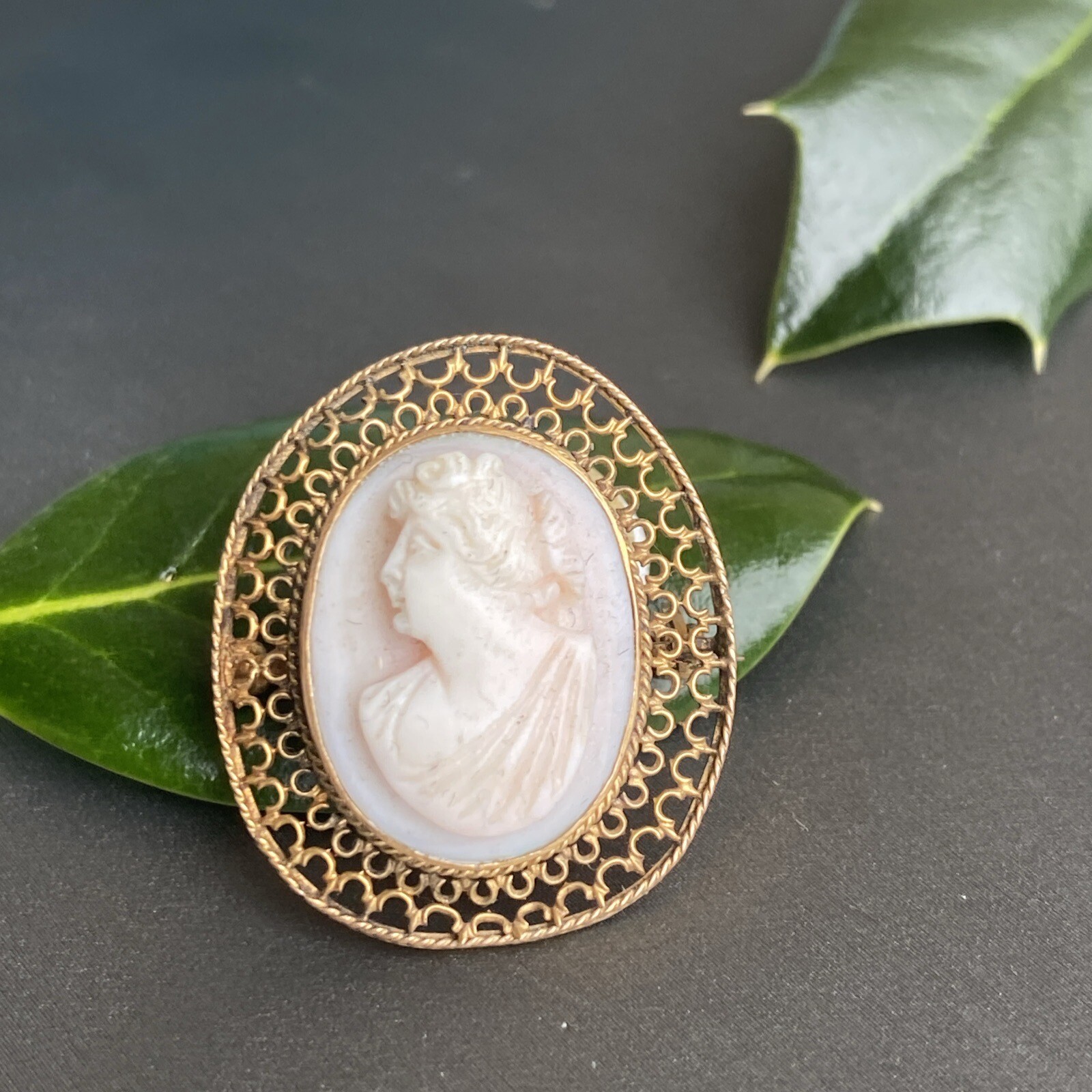 14K Yellow Gold Coral Cameo Brooch Antique Goddess Beauty Profile Fine Jewelry