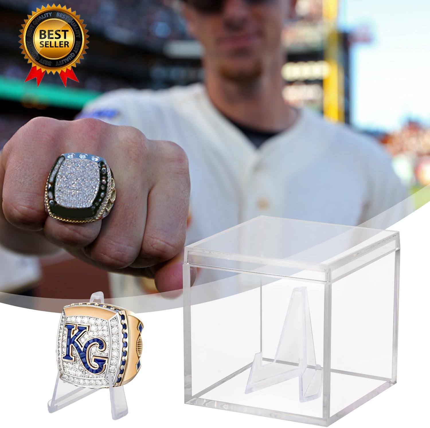 Championship Ring Display Case, Clear Acrylic Memorabilia Stand Cube Holder Dust