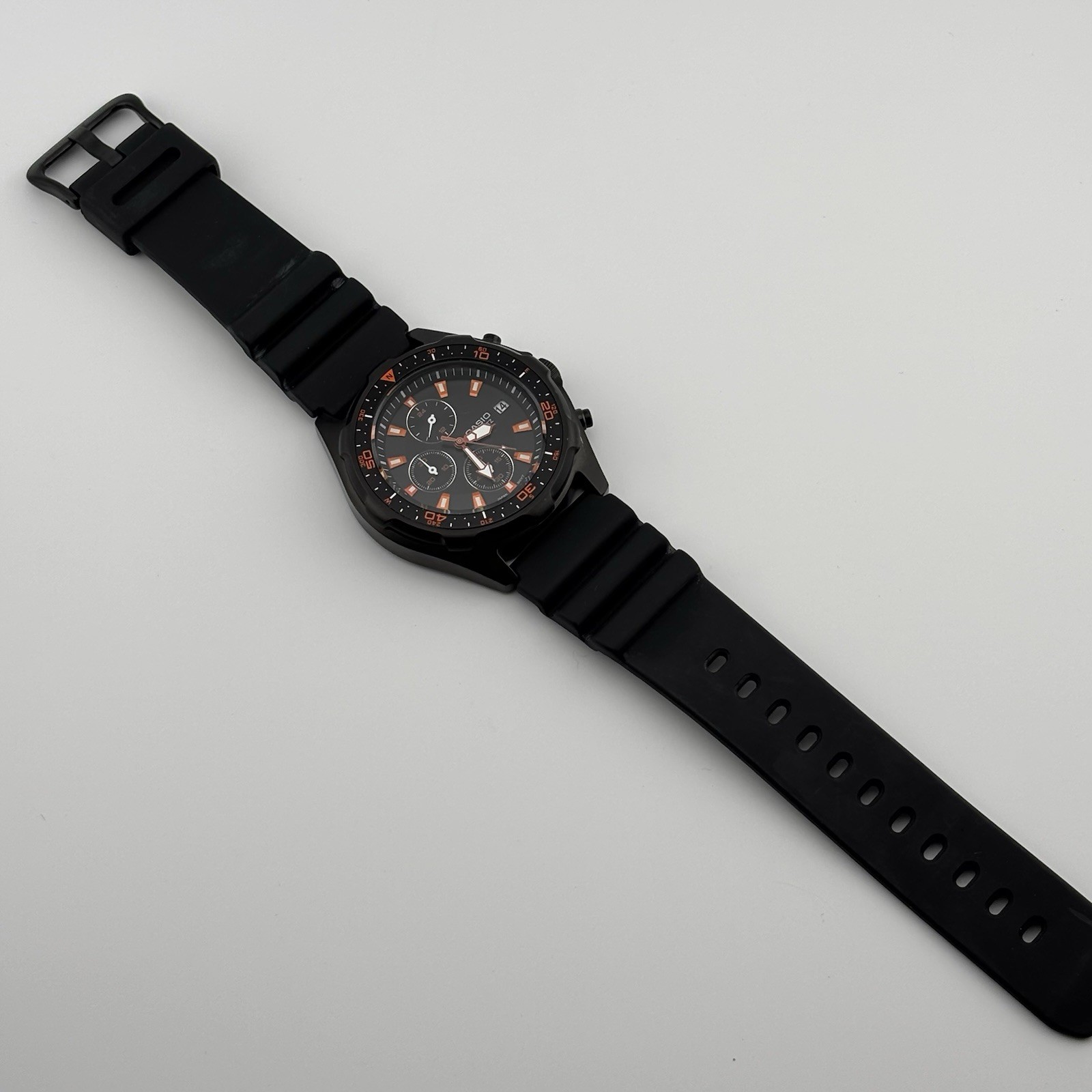 Casio AMW-370B-1A Black Ion Plated Chronograph Watch 45mm Burnt Orange Accents